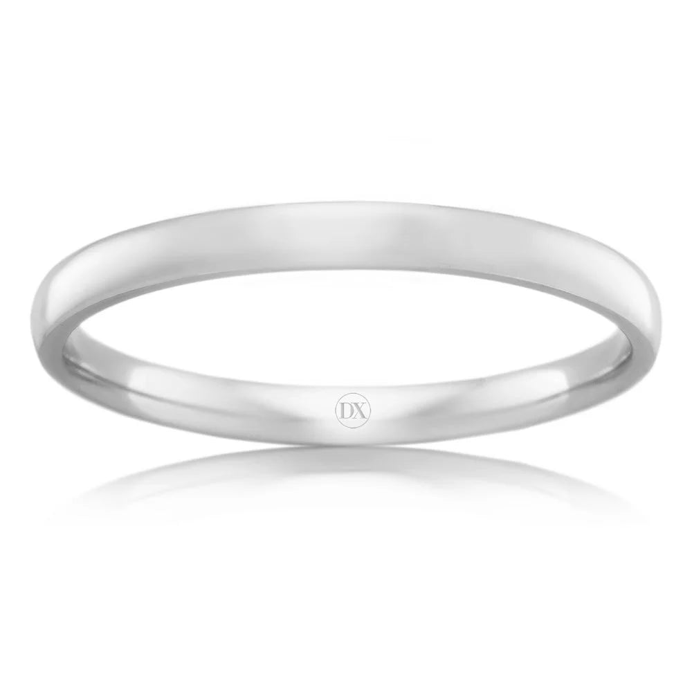 Simple, polished silver wedding band with a smooth, rounded surface, displayed on a white background.