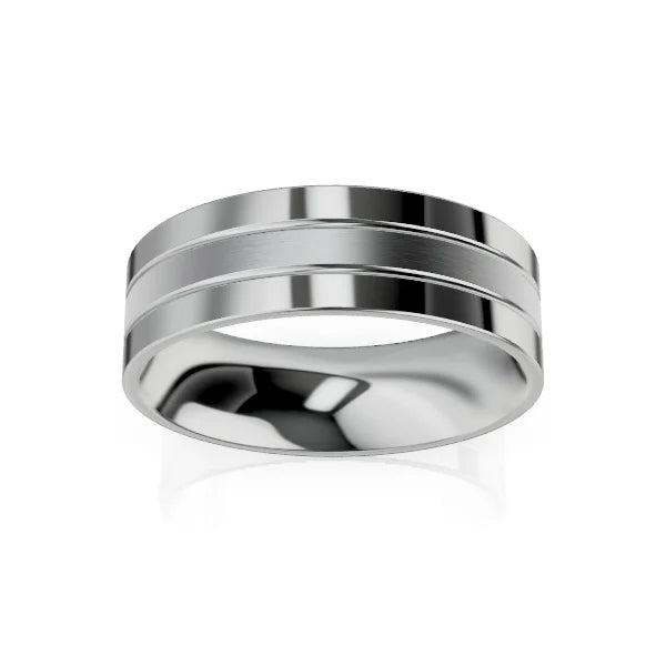 Wide silver ring with two parallel grooves around the band, shown against a white background.