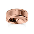 Wide rose gold ring with a polished interior and a brushed, grooved rectangular pattern on the outer band.