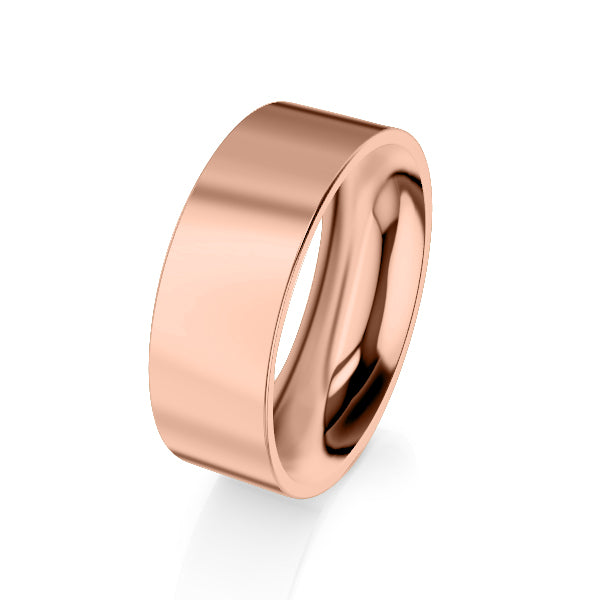 A wide, polished rose gold ring with a smooth, shiny surface on a plain white background.