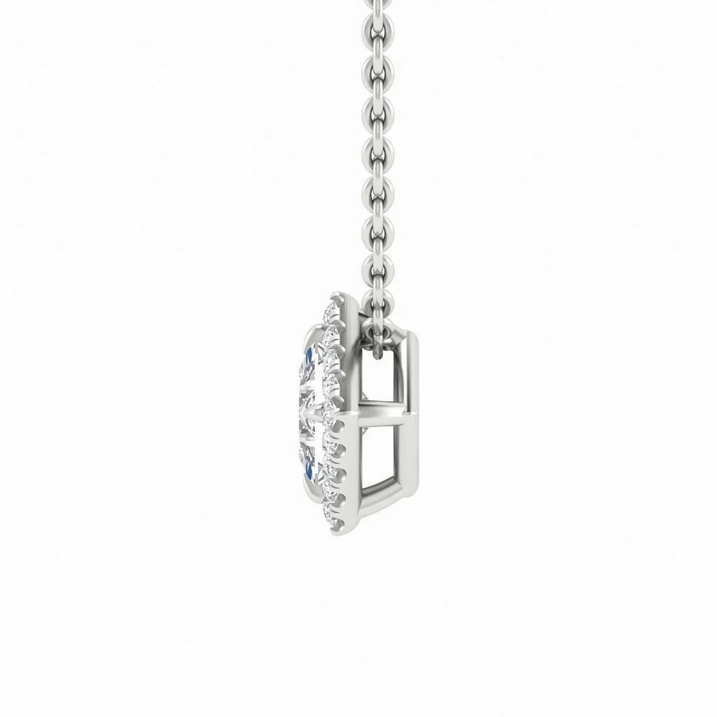 Side view of a silver necklace chain holding a faceted round gemstone in a prong setting on a white background.