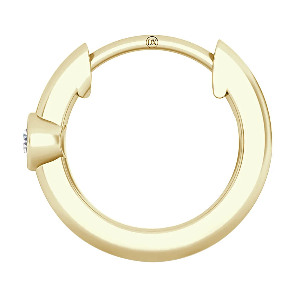 Gold circular hoop earring with a single diamond accent and engraved DX logo on the inner side.
