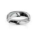 A plain, polished silver band ring with a reflective surface on a white background.