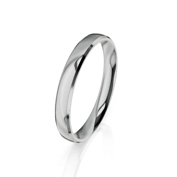 A simple, thin, polished silver band ring with a smooth, rounded surface on a white background.
