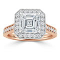 A rose gold ring with an Asscher-cut diamond center, diamond halo, and diamond-accented band.