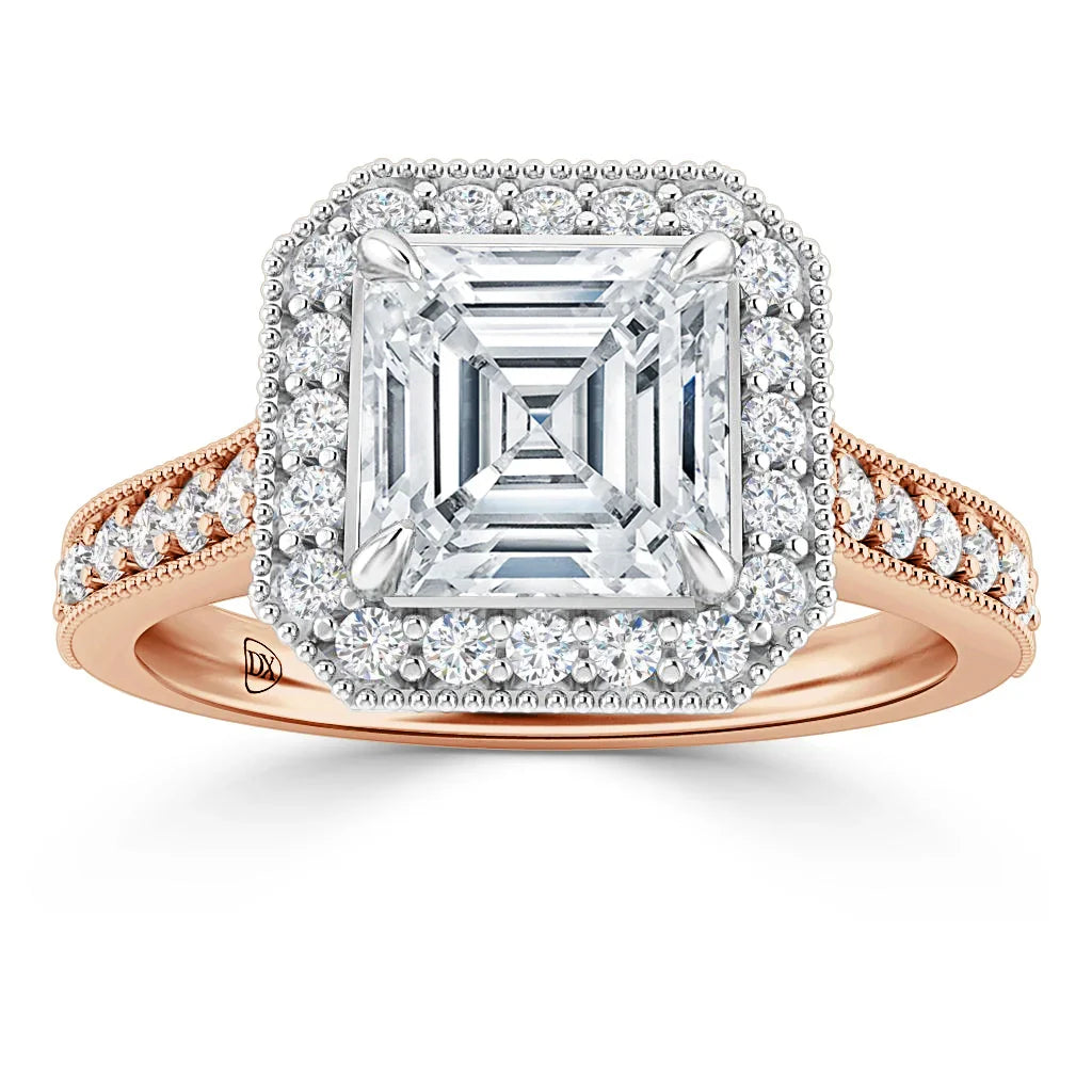 A rose gold ring with an Asscher-cut diamond center, diamond halo, and diamond-accented band.