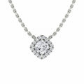 A silver necklace with a cushion-shaped diamond pendant surrounded by smaller diamonds on a simple chain.