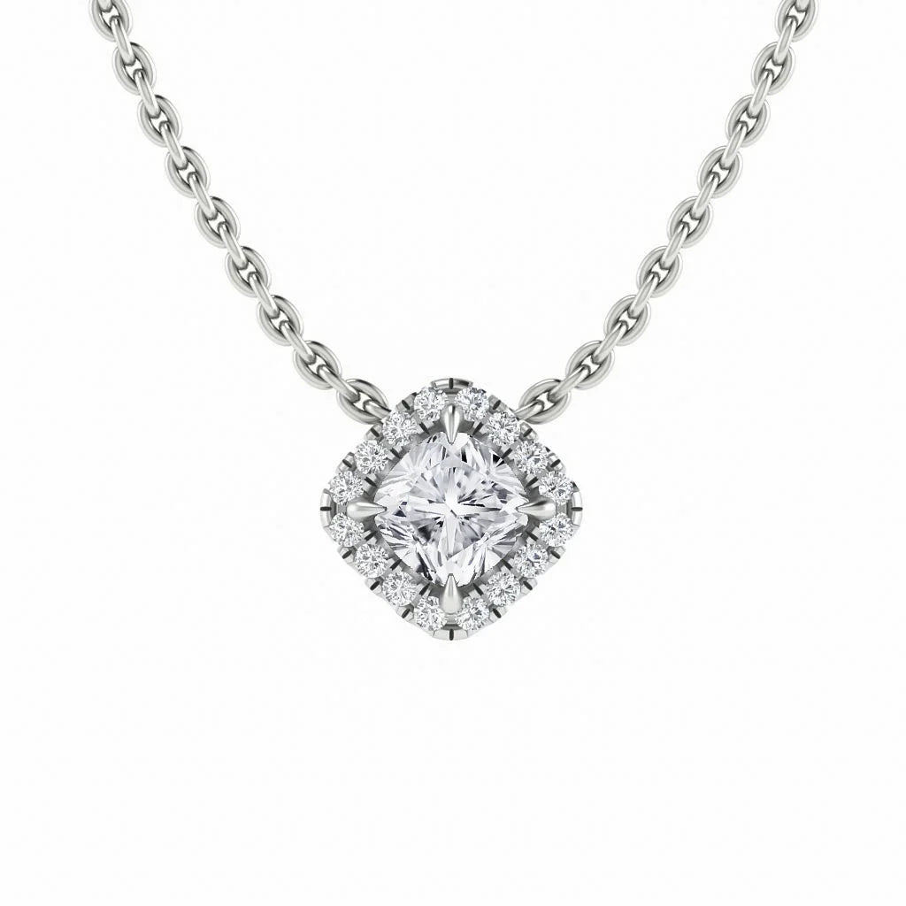 A silver necklace with a cushion-shaped diamond pendant surrounded by smaller diamonds on a simple chain.