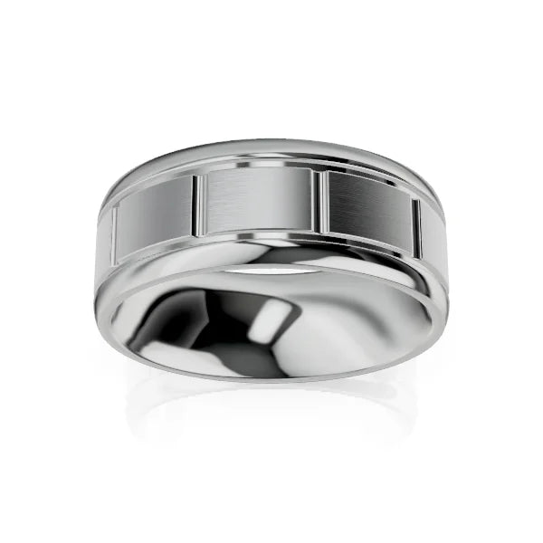 Wide silver ring with a brushed center panel and polished beveled edges, shown on a white background.