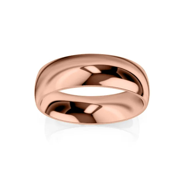 A polished rose gold wedding band with a smooth, rounded surface on a white background.