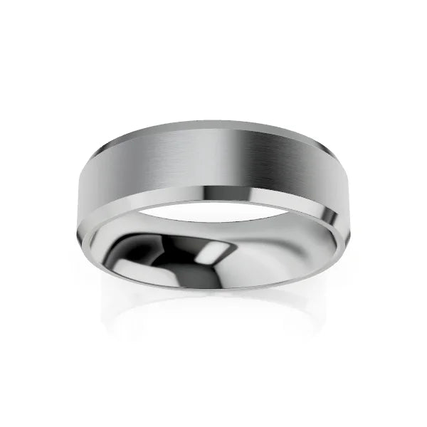A silver brushed metal ring with a flat edge and shiny polished interior, displayed on a white background.