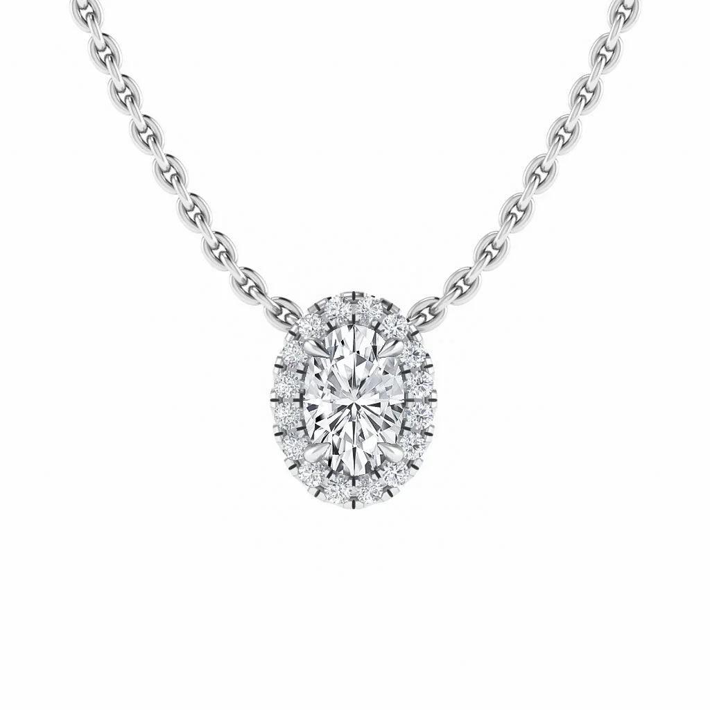Silver chain necklace with an oval-shaped diamond pendant surrounded by smaller diamonds.
