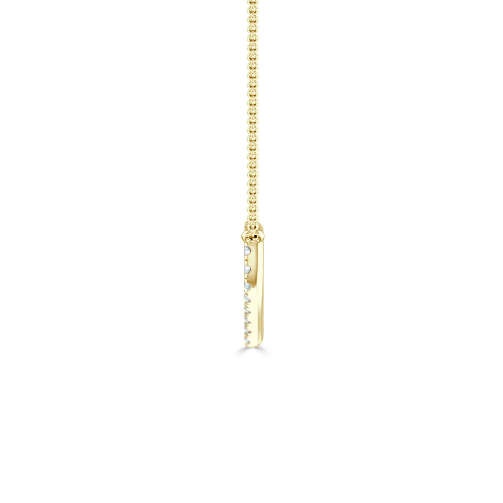 Gold chain necklace with a thin vertical bar pendant, accented with small white gemstones, shown on a white background.