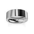 A wide, polished silver ring with a smooth, reflective surface on a white background.