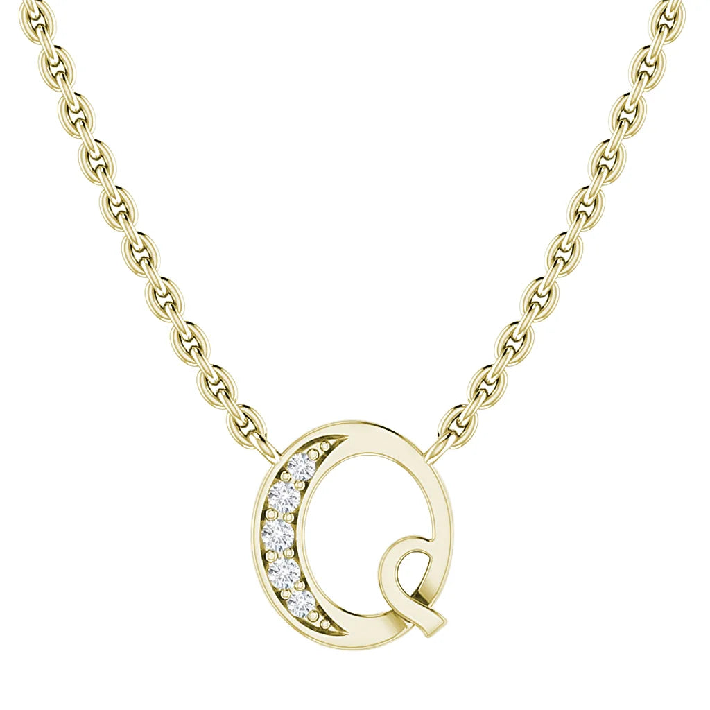 Gold chain necklace with a Q pendant, featuring embedded diamonds on the left side of the letter.
