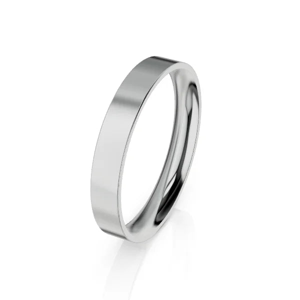 Simple, polished silver band ring with a flat surface, displayed on a white background.