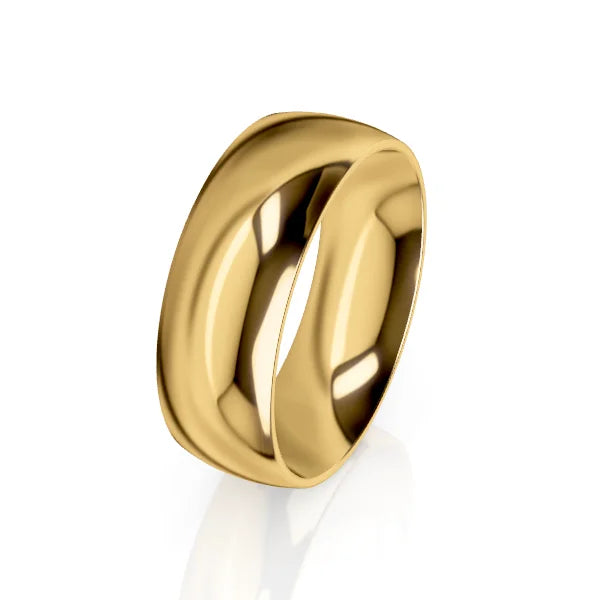 A wide, polished yellow gold ring with a smooth, reflective surface on a white background.