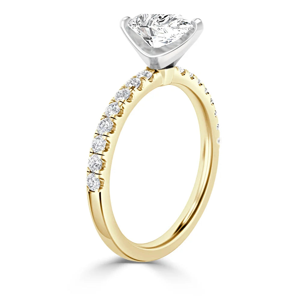 Gold ring with a round diamond solitaire and small diamonds set along the upper half of the band.
