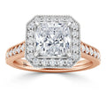 Rose gold ring with square-cut diamond center, diamond halo, and diamond accents along the band.