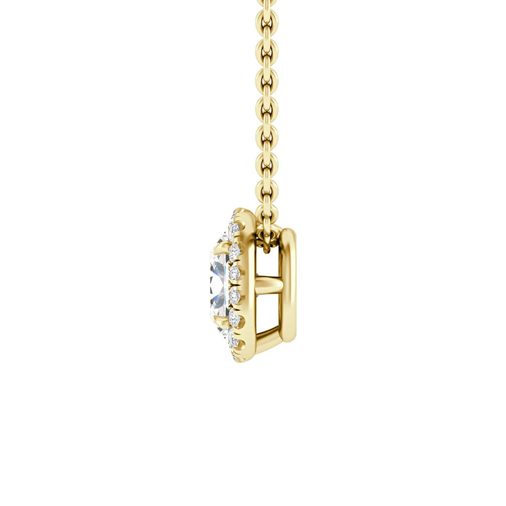 Side view of a gold chain necklace with a round, diamond-encrusted pendant setting.