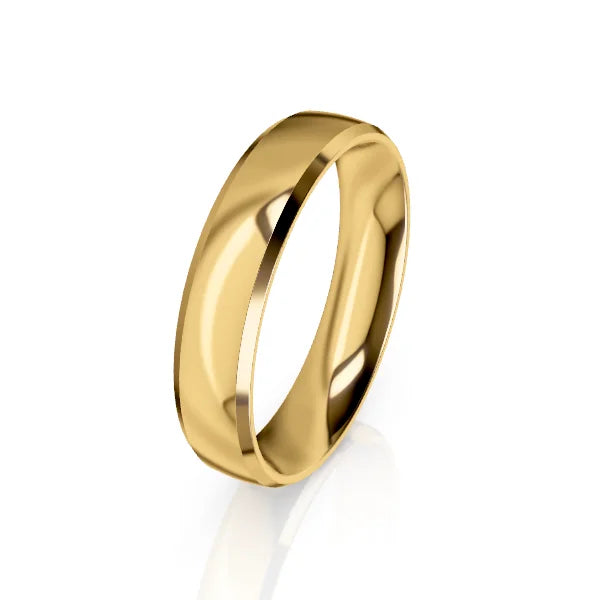A simple, polished yellow gold ring with a smooth, rounded surface on a white background.