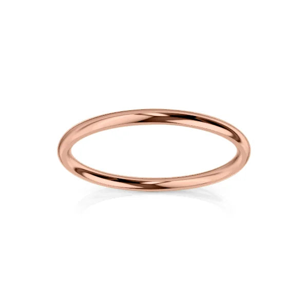 Simple, polished rose gold band ring on a white background with a soft reflection below.