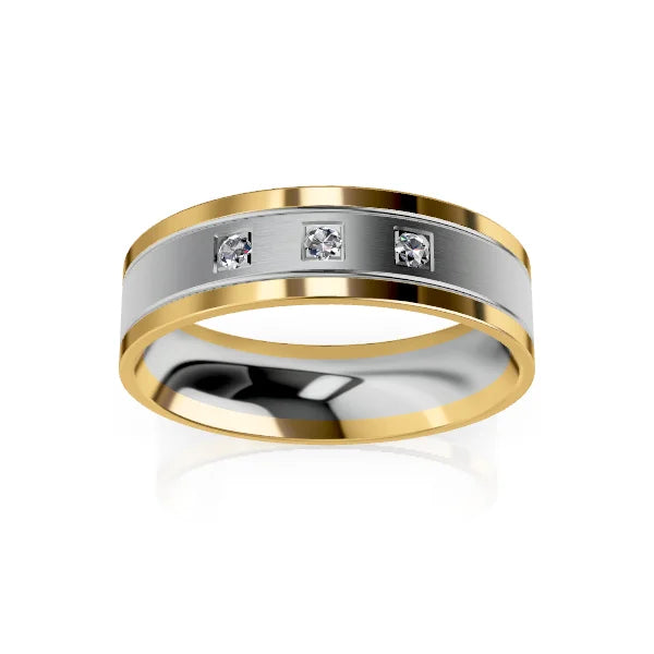 A two-tone ring with gold edges, a silver center band, and three small embedded diamonds.