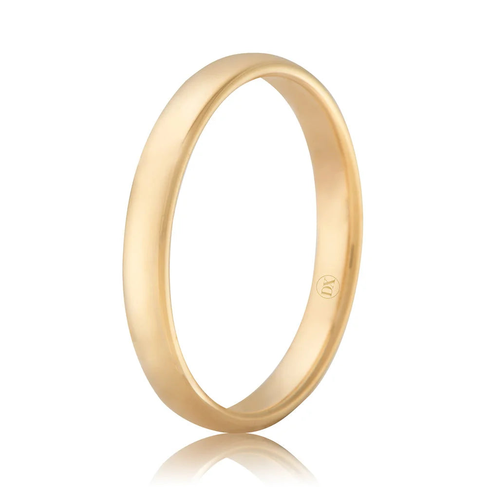 A simple, polished yellow gold wedding band with a smooth, rounded surface on a white background.