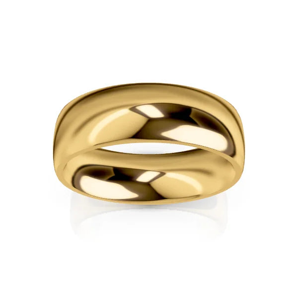 Shiny yellow gold band ring with a smooth, polished surface and rounded edges on a white background.