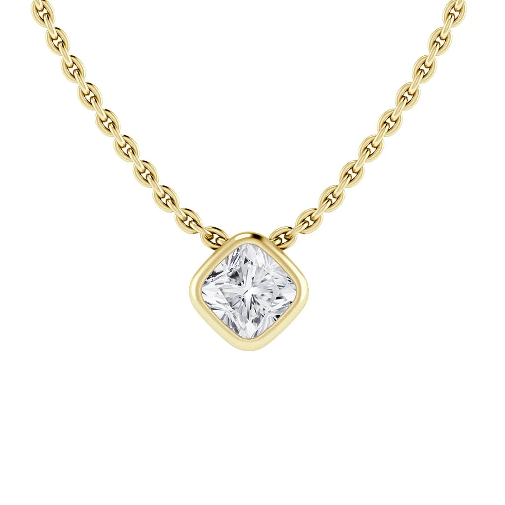 Gold chain necklace with a square bezel-set diamond pendant on a plain white background.