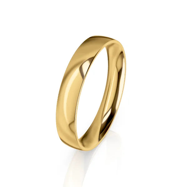 A plain, polished yellow gold band ring with a smooth, shiny finish on a white background.