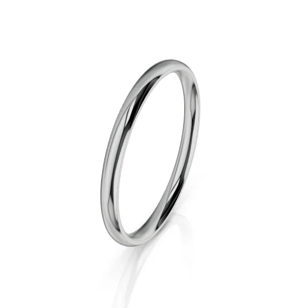 Thin, polished silver ring with a smooth, rounded band, shown on a white background with a faint reflection.