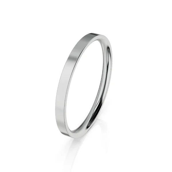 A thin, plain, polished silver ring with a flat edge on a white background.