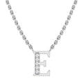 Silver necklace with a letter E pendant, half adorned with small clear gemstones, on a chain.