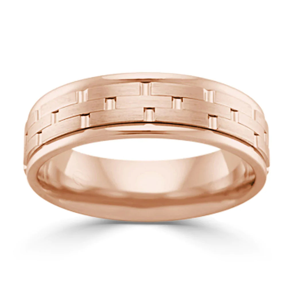 Rose gold ring with a brushed, woven pattern design, reflecting light on a white background.