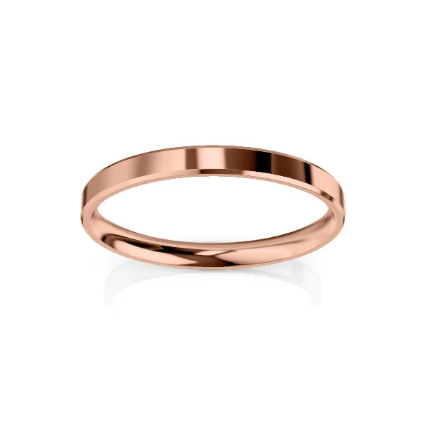 A thin, polished rose gold band ring displayed on a white background with a subtle reflection below.