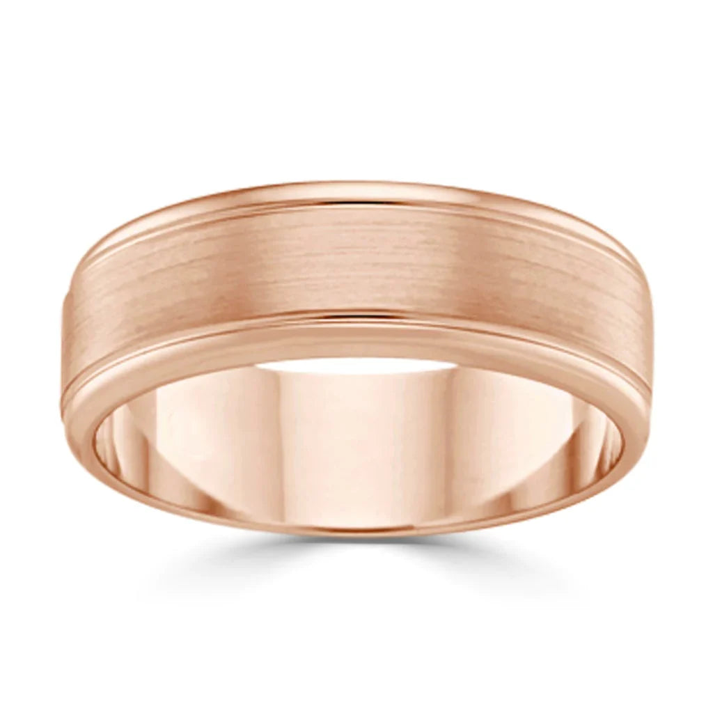 A rose gold wedding band with a brushed center and polished, beveled edges on a white background.