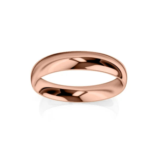 A polished rose gold wedding band with a smooth, slightly rounded surface on a white background.
