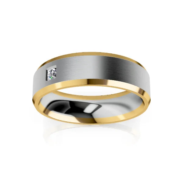 A silver and gold band ring with a single square-set diamond on a white background.