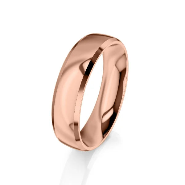 A polished rose gold wedding band with a smooth, shiny surface on a plain white background.