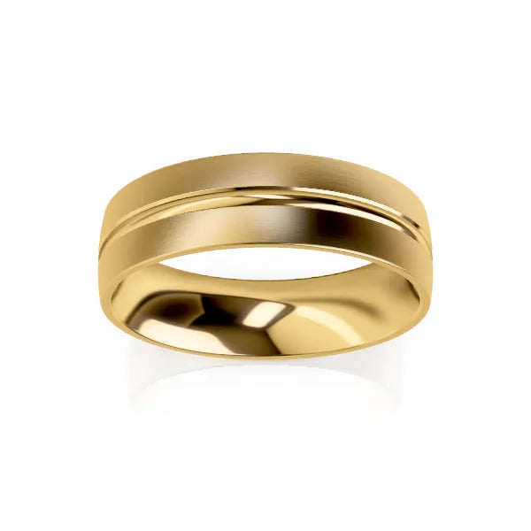 A simple gold band ring with a single diagonal groove, shown on a white background.