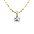 Gold chain necklace with a square-cut diamond pendant and small diamonds on the pendants bail.