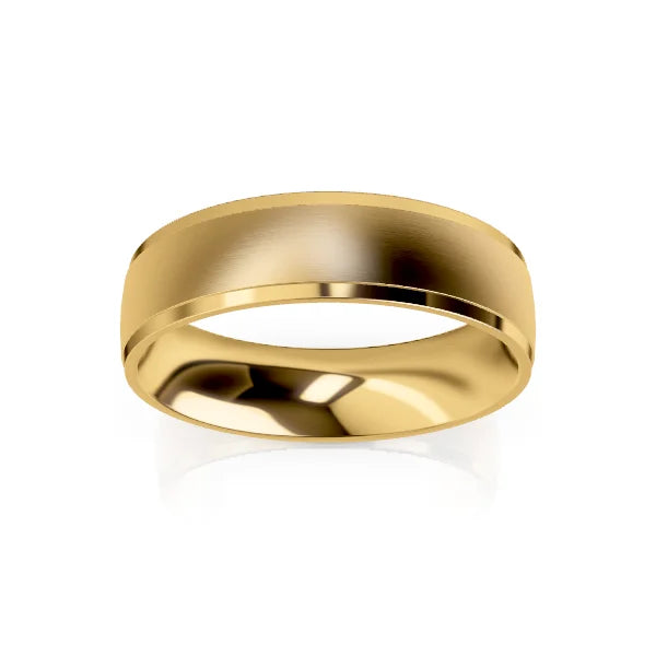A plain yellow gold wedding band with a matte center and polished edges on a white background.
