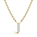 Gold chain necklace with a gold letter J pendant encrusted with small white gemstones.