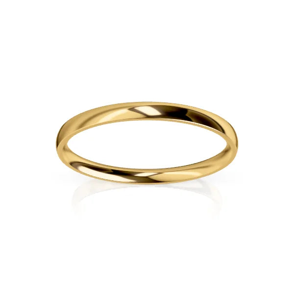 A simple, polished yellow gold band ring with a smooth and reflective surface on a white background.