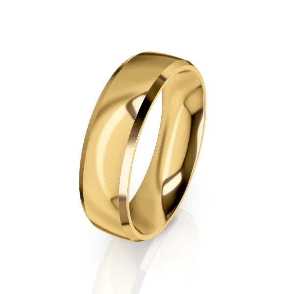 A plain, shiny gold wedding band with a smooth, polished surface on a white background.