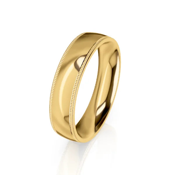 A polished yellow gold ring with a smooth center and milgrain edges, shown on a white background.
