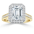 Emerald-cut diamond halo ring with diamond-studded gold band and intricate milgrain detailing.