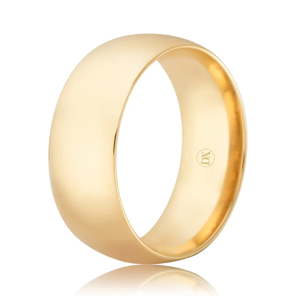 A plain, polished yellow gold wedding band with a smooth, rounded surface and a small hallmark inside.