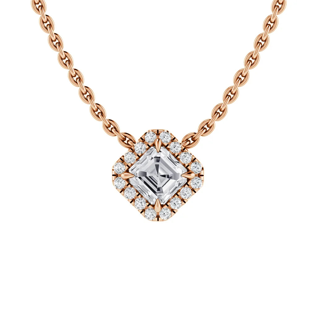 Rose gold chain necklace with a square diamond pendant surrounded by small round diamonds.